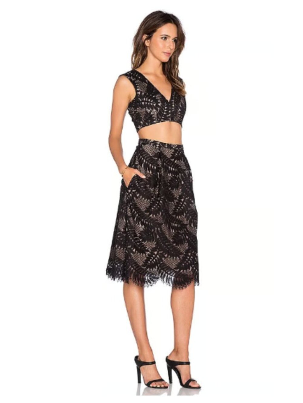 BCBGMAXAZRIA Tyrah Black Lace 2PC Skirt Set NWT Blush/Nude Lining 8 Archival